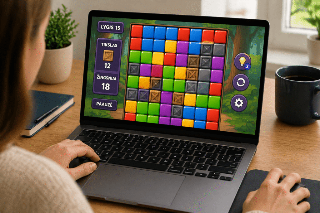 loginiai žaidimai internete kompiuterio ekrane su galvosūkio scena