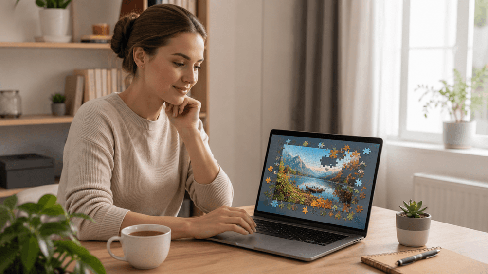 puzzle deliones internete su spalvingomis dėlionės detalėmis kompiuterio ekrane